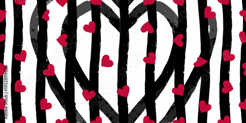 A bold pattern featuring black stripes white spaces and scattered red hearts