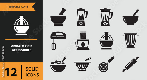 Functional Food Mixing and Kitchen Prep Accessory Icon Set