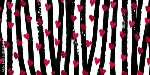 Bold black and white stripes adorned with scattered red hearts