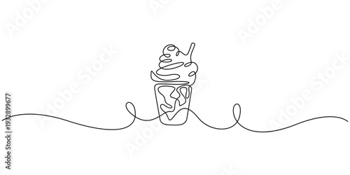 Continuous line drawing of ice cream cup minimalist one line art Milkshake or sundae cup single line illustration for cafe and dessert menu