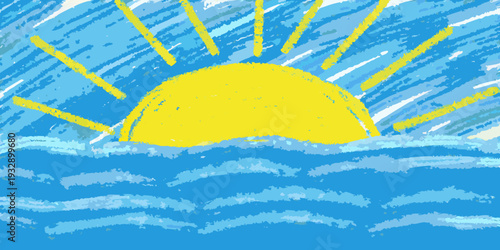 A child s crayon drawing depicts a bright sun over rolling waves