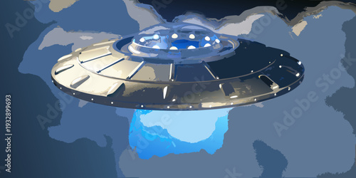 A silver ufo spaceship hovers above a cloudy atmospheric landscape