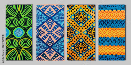 Four vibrant vertically oriented patterned panels with bold geometric designs