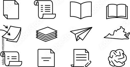 Document and paper line icon set, file book scroll outline vector illustration collection for office stationery design