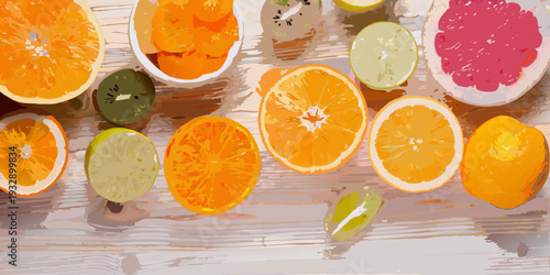 A vibrant array of sliced citrus and tropical fruits on wood