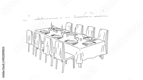 Elegant dinner table setting with eight chairs in modern outdoor space