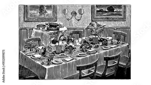 Elegant dining room with table set for a feast