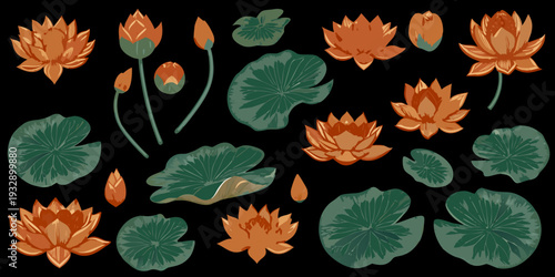 Stylized illustration of orange and green lotus flowers and lily pads