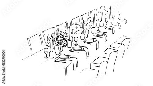 Elegant dining room setup with formal table setting and flower arrangement