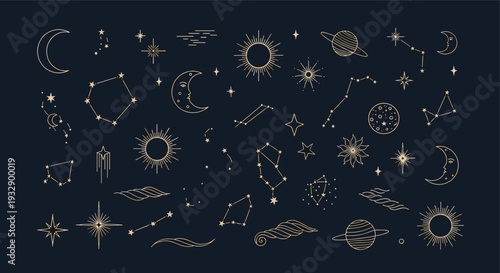 Celestial Constellations and Cosmic Elements Featuring Sun Moon Stars Planets and Galaxies on a Dark Blue Background