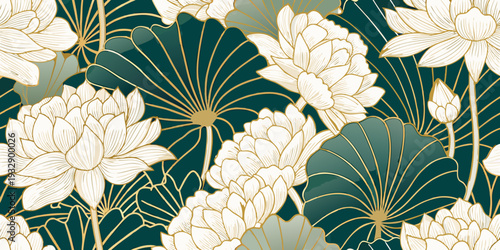 Elegant floral pattern featuring stylized lotus blossoms and dark teal leaves