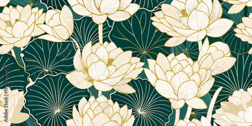 Elegant floral pattern with golden lotus flowers on a dark teal background