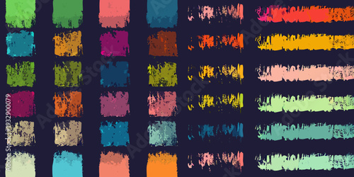 Abstract arrangement of textured rectangular color blocks on a dark background