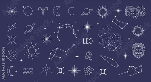 Celestial Zodiac Constellations and Symbols on a Deep Blue Cosmic Background