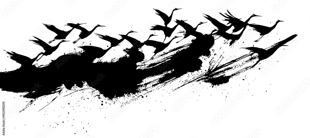 Naklejka premium Abstract crane birds in dynamic oriental ink brush strokes with expressive splatter on white background