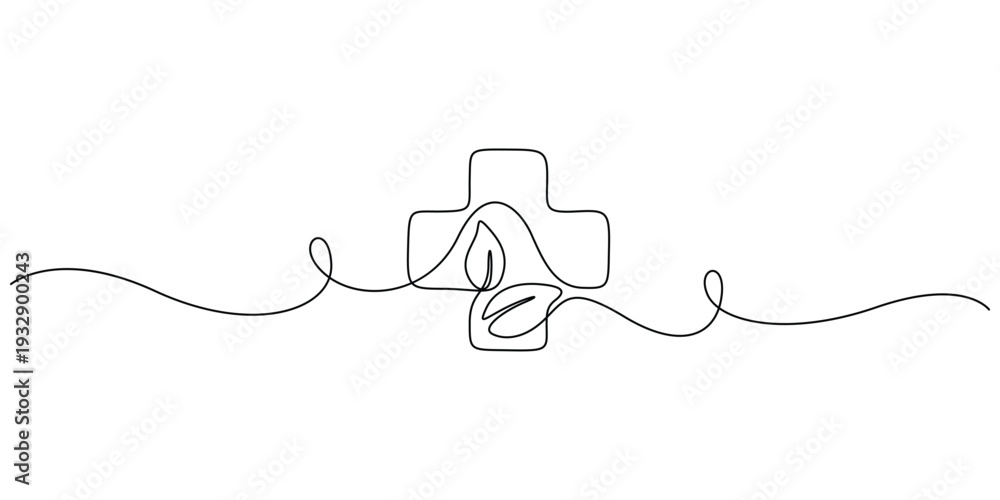 Obraz premium Continuous line drawing of medical cross with leaves minimalist one line art Natural medicine concept with single line medical cross and leaf illustration