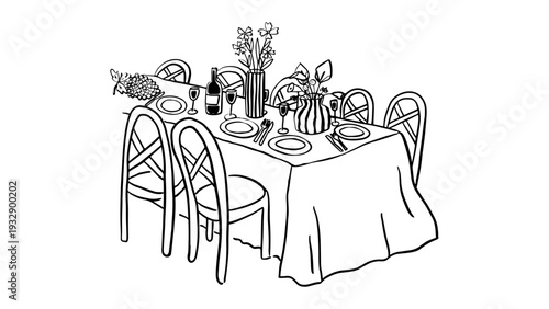 Elegant dining table setting with wine and flowers