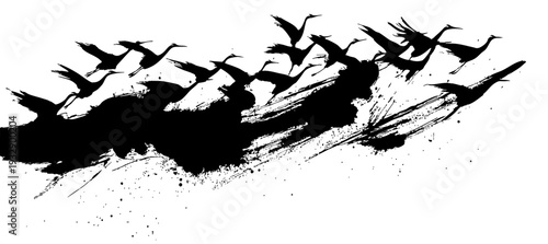 Abstract crane birds in dynamic oriental ink brush strokes with expressive splatter on white background
