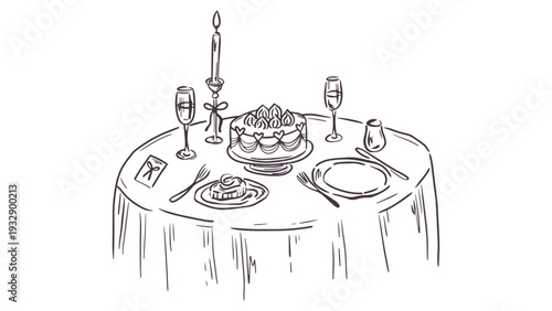 Elegant dinner table setting with cake and champagne