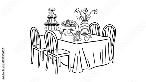 Elegant dining table set for celebration with cake and flowers