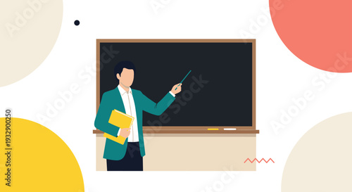 Teacher standing in classroom pointing at blackboard education teaching concept vector illustration