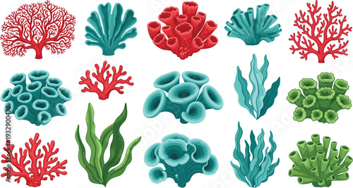 Collection of colorful coral reef and sea plants underwater marine life vector illustration set