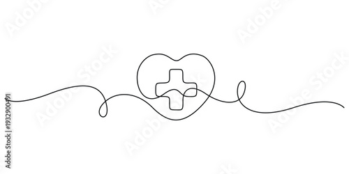 Minimalist, continuous line drawing of a medical cross symbol, healthcare or medical concept