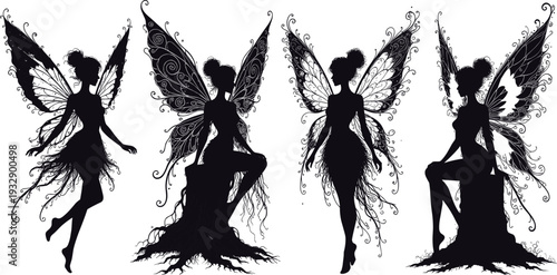 Black silhouette vector set of elegant fantasy fairies with intricate butterfly wings and floral details sitting on tree roots isolated on a white background