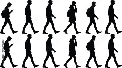 Black silhouette vector set of young men and women walking with backpacks using smartphones and talking on phones isolated on a white background