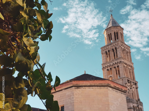 Photos Bell tower of Split cathedral viewed through green Mediterranean foliage
