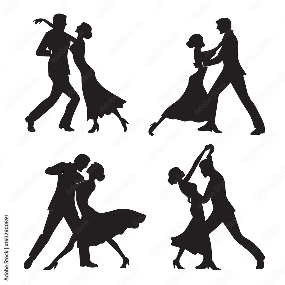 Obraz premium A collection of black vector illustrations featuring silhouettes of dancing people, including couples performing tango and women in fashion dresses, perfect for music, party, and wedding art