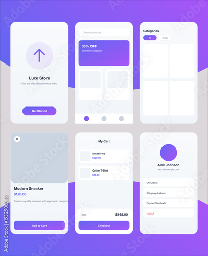 "A sophisticated and modern user interface (UI) design for a mobile e-commerce application named Luxe Store. The visual mood is exceptionally clean and professional, characterized by a light purple 