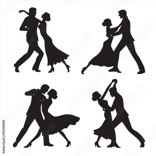 A collection of black vector illustrations featuring silhouettes of dancing people, including couples performing tango and women in fashion dresses, perfect for music, party, and wedding art
