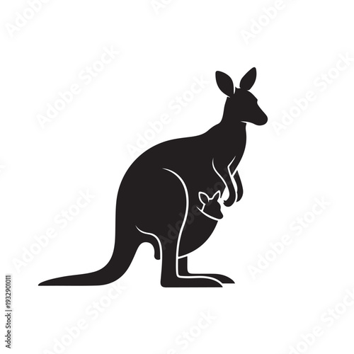 Mother Kangaroo With Joey Baby Black Silhouette Vector Australian Wildlife Marsupial Pouch Newborn Animal Family Graphic Design Icon Isolated White Background