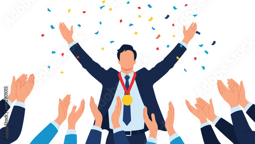 Successful businessman wearing a gold medal with arms raised while colleagues applaud under a rain of colorful confetti.