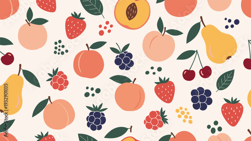 Seamless pattern featuring a colorful variety of hand-drawn fruits like pears peaches strawberries and cherries on beige background.