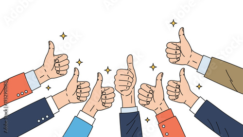 Group of diverse hands in business attire giving a thumbs up gesture against a white background with sparkling stars.