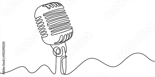 One line drawing of a classic vintage microphone isolated on a white background for podcasting Vector, illustration