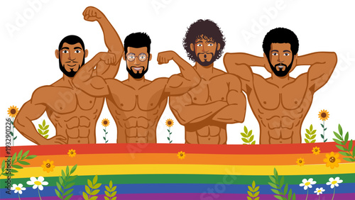 four muscular shirtless men flexing muscles behind rainbow banner with flowers decoration