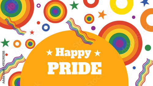 Happy pride celebration background with rainbow circles stars and wavy colorful ribbons