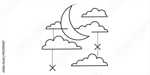 Simple line drawing of a crescent moon surrounded by fluffy clouds and hanging stars. Vector, illustration