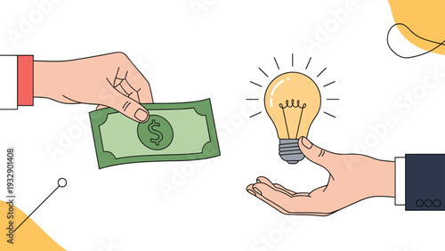 Hand holding a dollar bill paying another hand holding a glowing lightbulb representing the purchase of an idea.