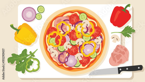 Uncooked pizza dough topped with vegetables and meat on a white cutting board with fresh ingredients around it.