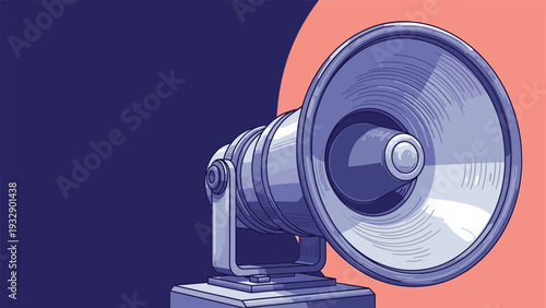 Blue metallic public address loudspeaker mounted on a stand against a dual-toned blue and peach background.