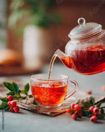 Pouring hot herbal tea into glass cup on wooden table, symbolizing relaxation and healthy lifestyle.