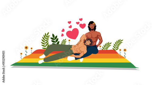 Two muscular men cuddling romantically on rainbow picnic blanket with pink hearts