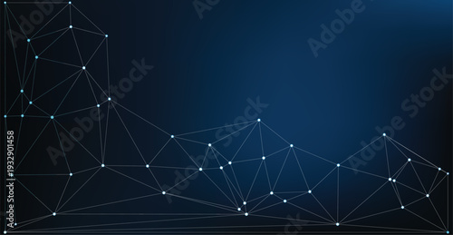 Abstract polygonal network background with connected dots and lines on dark blue gradient digital data connection technology concept