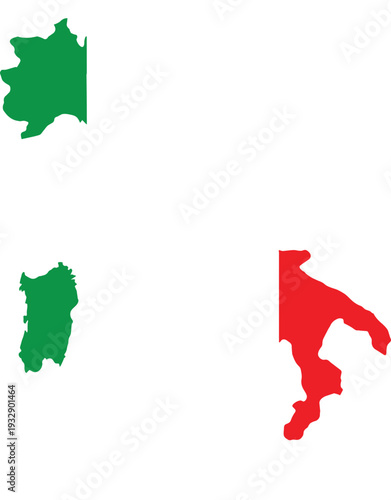 Outline of Italy filled with the Italian national flag colors green white and red with a white background showing the countrys geographical shape and