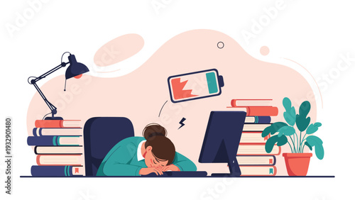 Tired office worker sleeping on her keyboard surrounded by stacks of books and a low battery symbol overhead.