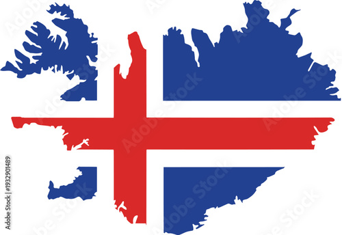 Outline of Iceland filled with the Icelandic national flag colors blue and red with a white background showing the countrys geographical shape and national